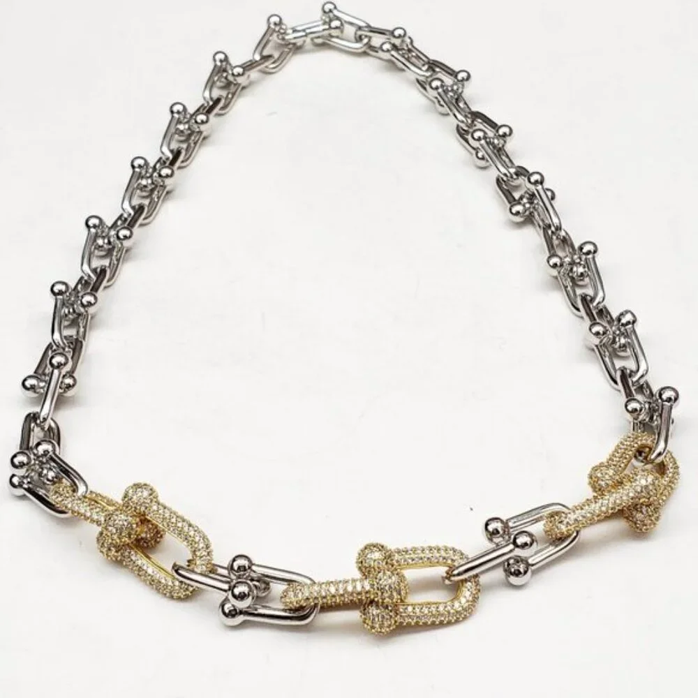 925 Pure Silver and Gold Plated Horse Shoe Necklace Chain - Picture 7 of 8
